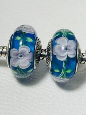 Set of 2 Pandora Murano Glass Charms Lucky Blue White Dogwood Flowers Fall Sale